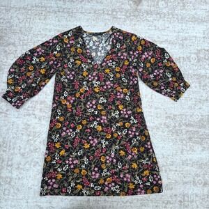 Zara Basic Floral Shift Dress Womens S Black Excellent Puff Sleeve V-Neck Mini